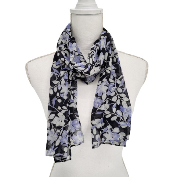 Sheer Chiffon Rectangle Scarf Navy Blue Floral - Picture 3 of 6
